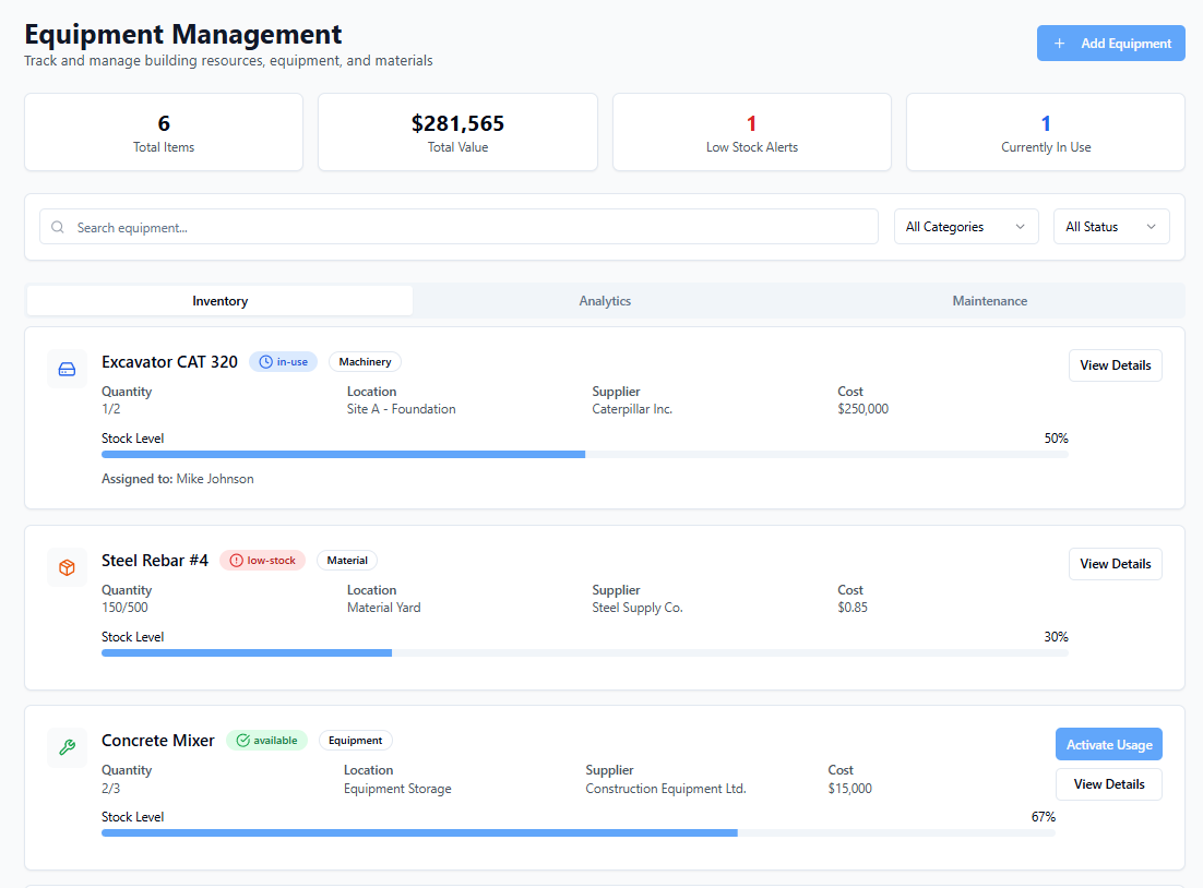 Equipment Management Dashboard